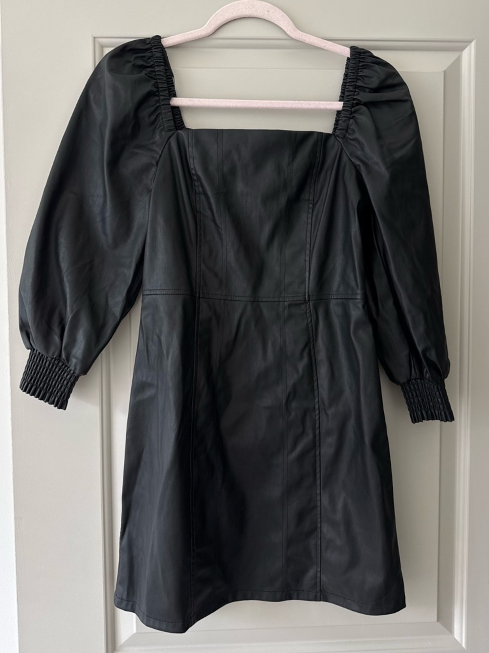 7 for All Mankind Black Faux Leather Puff-Sleeve Mini Dress